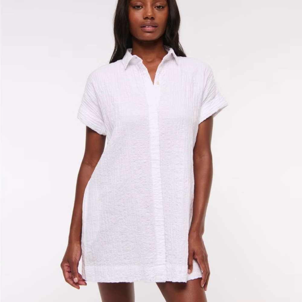 Abercrombie & Fitch White Button-Up Swim Cover-Up, Textured Mini Shirt Dress